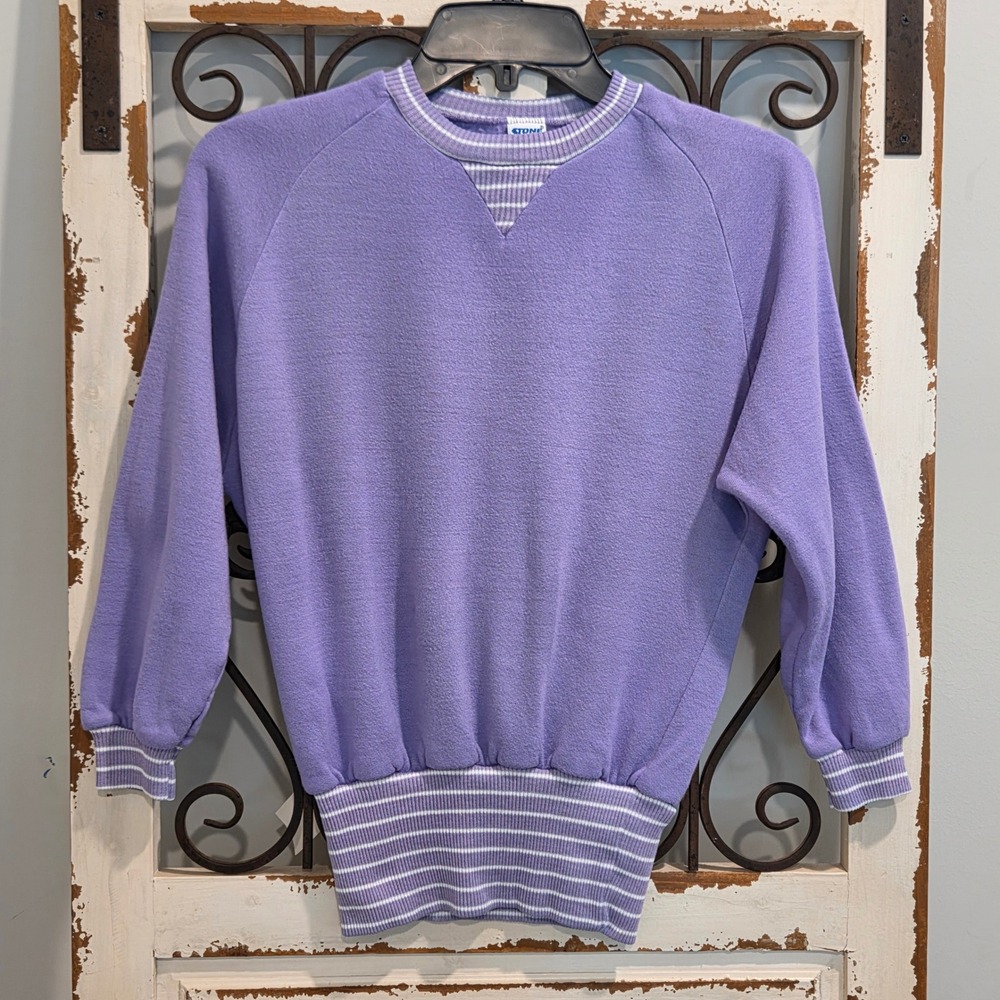 Vintage Stone Apparel Girls Purple Striped Trim Fleece Sweatshirt Made in USA L